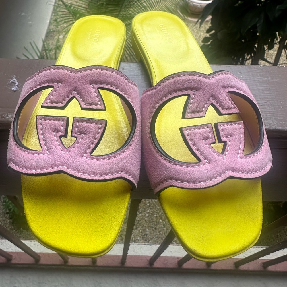 Gucci Interlocking G Pink Suede & Neon Yellow Slide Sandals